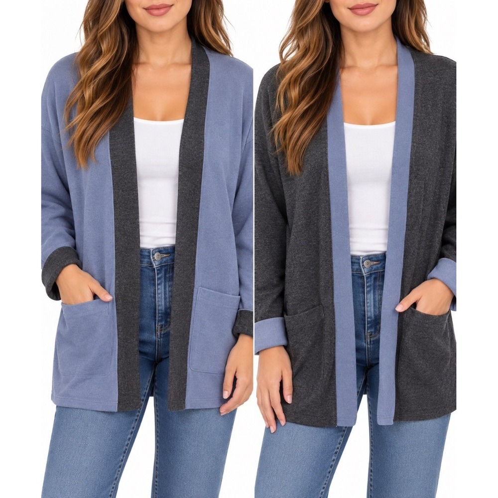 J Jill Reversible Cardigan Sweater Womens L Blue Gray Open Front Pockets NWT